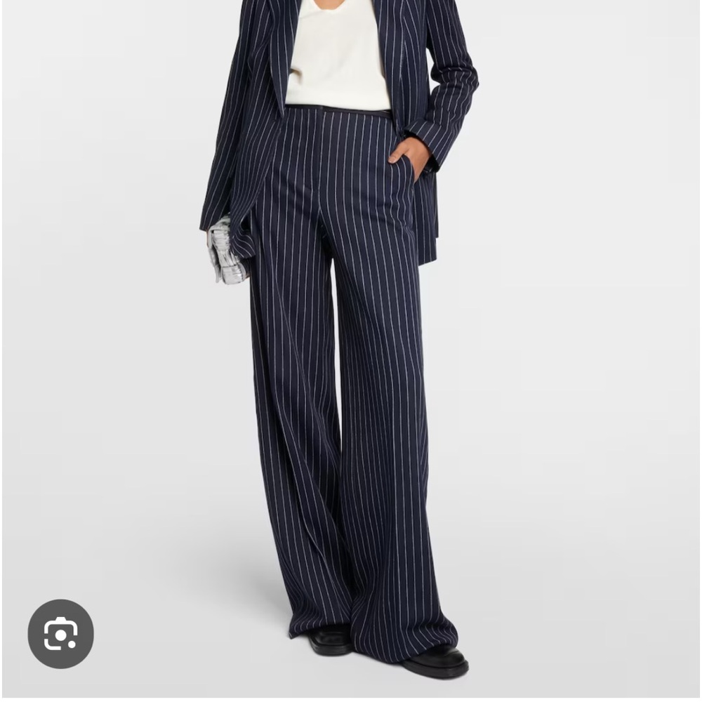 MAX MARA Navy Pinstriped Wide Leg Jersey Trouser Pants, sz 42